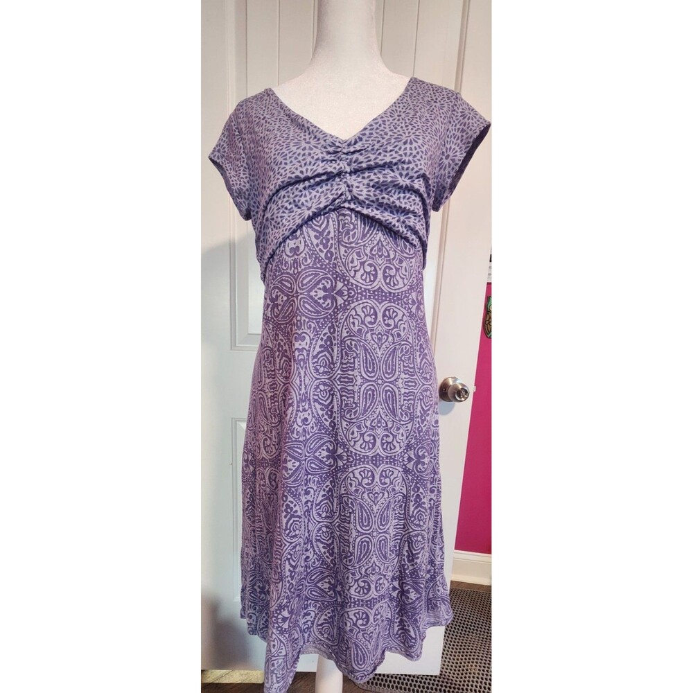 Athleta Dhara Cap Sleeve V Neck Purple Paisley Dress Ruched Women's Small Lined